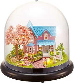 Wooden Miniature DIY Dollhouse Kit, 3D Dollhouse Miniature DIY House Kit with Led Lights and Clear Cover Assembly Wooden Building Kit(02)