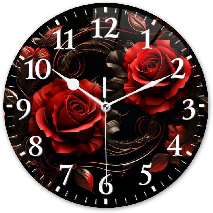 Round Analog Wall Clocks Battery Operated Clcoks Non-Ticking Silent Clock Decorative for Kitchen,Office,Bedroom-Render of Red Roses with Swirls and Leaves On Black Background(12inch)