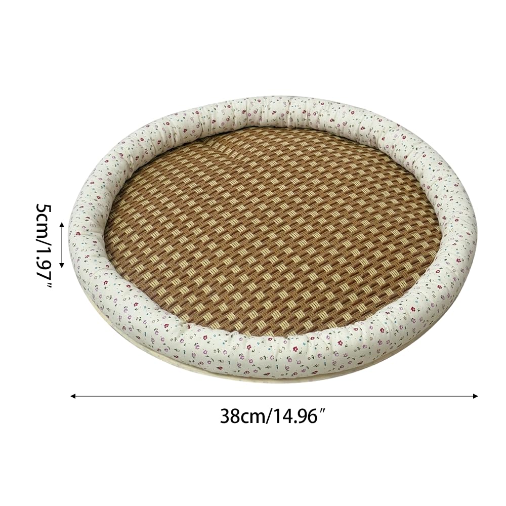 Kühlmatte für Katzen, 38cm Rundes Haustierbett aus Rattan, Atmungsaktives Sommer-Schlafkissen mit Blumenmuster, Rutschfestes Baumwoll-Leinen Hundebett