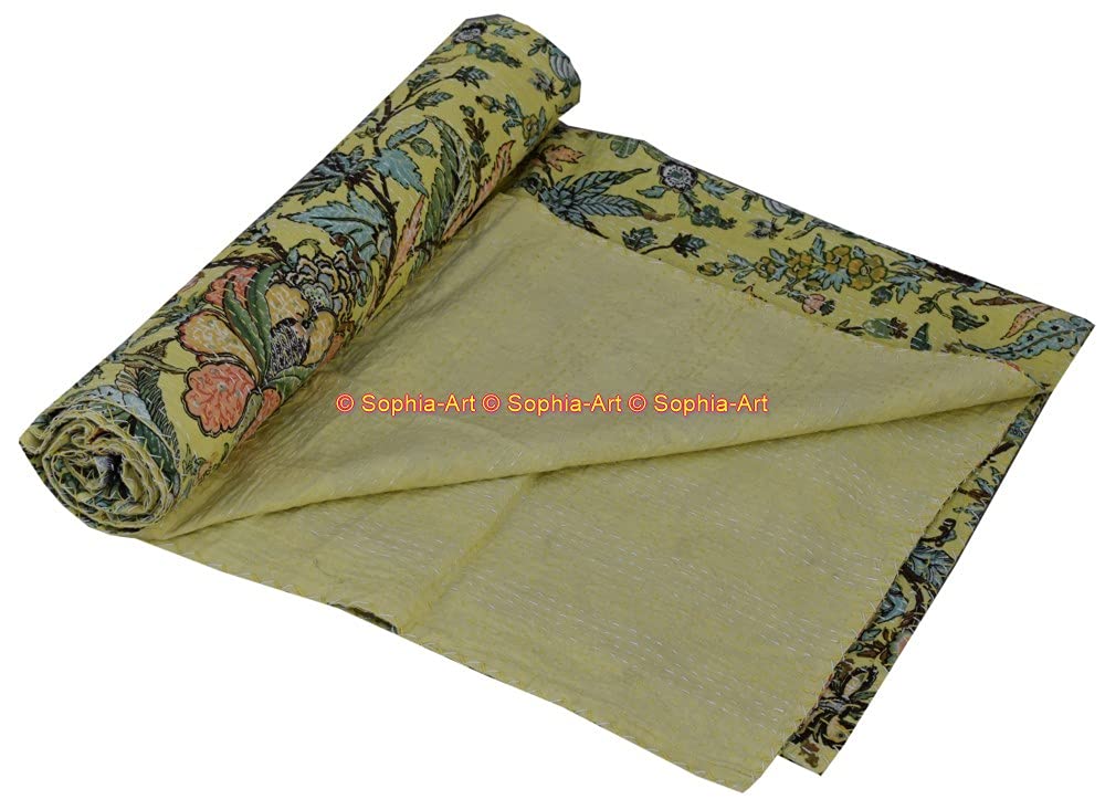 Couverture Kantha Indienne King Size Jaune – Coton Pur Fait Main, Reversible Avec Housse Coussin