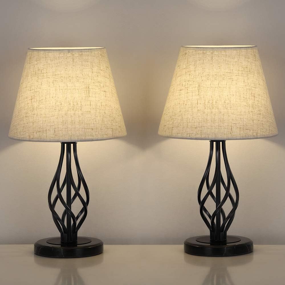 Tischlampen mit Leinenbezug 2er Set, Nachttisch Nachttischlampe für Schlafzimmer, Lampenpaar aus schwarzem Marmor mit Lampenschirm aus Leinen, Schreibtisch Leselampe für Wohnzimmer, Kommoden