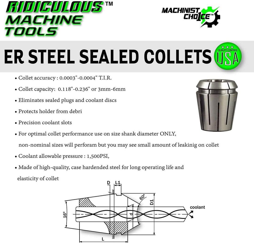 1/2" ER32 STEEL SEALED Spring Collets INCH (0.0003" T.I.R.) Coolant Collet 1500 MAX PSI Machinist Choice