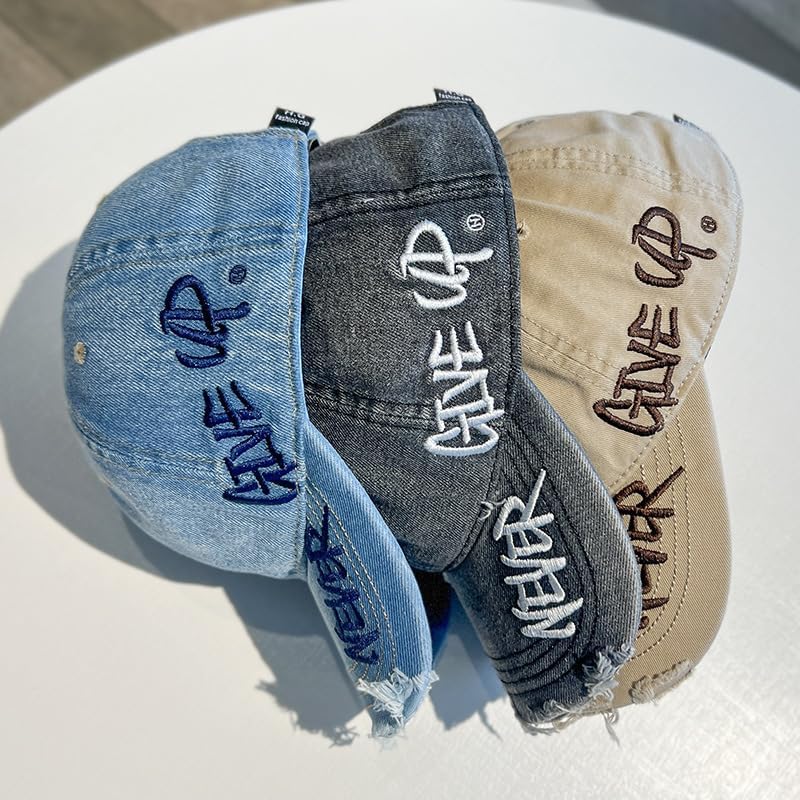 Never Give Up Distressed Cap, Adjustable Structured Dad Hat, Retro Material, Casual Outdoor Trucker Cap