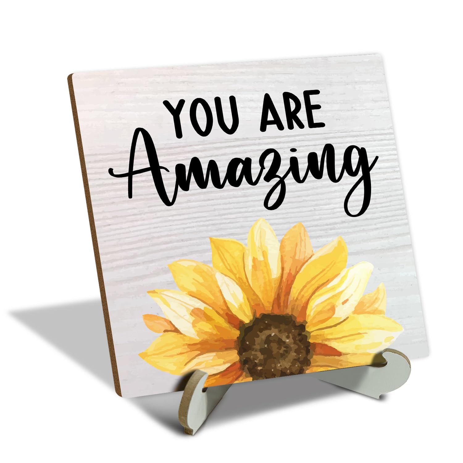Positive Quotes Sunflower Sign, Desk Decoration Plaque with Wooden Support, Rustic Home Office Tabletop Decor Inspirational Wood Plaque for Coworker, Family, Friend, You Are My Amazing Sign -02