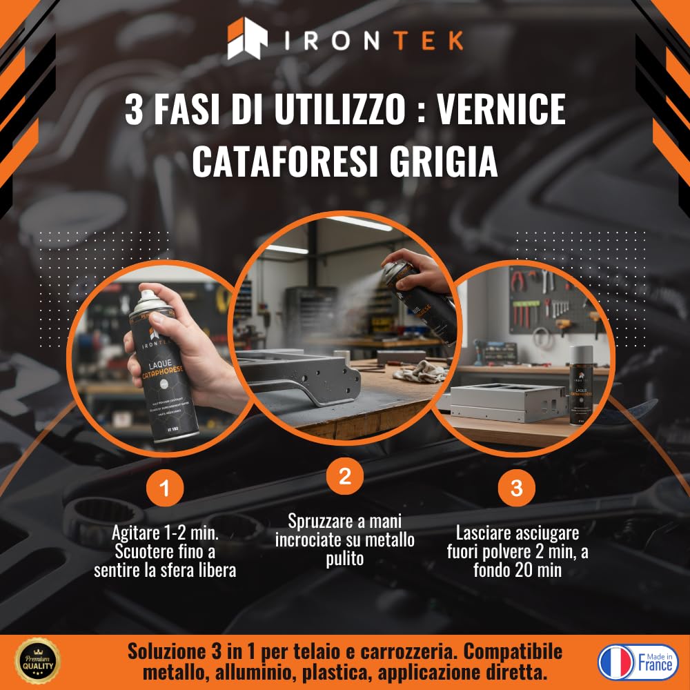 Vernice Spray Antiruggine Telaio - IRONTEK - 400 ml | IT192 | Grigio Cataforesi | 3 in 1 Primer Fondo | Asciugatura Rapida 20 min