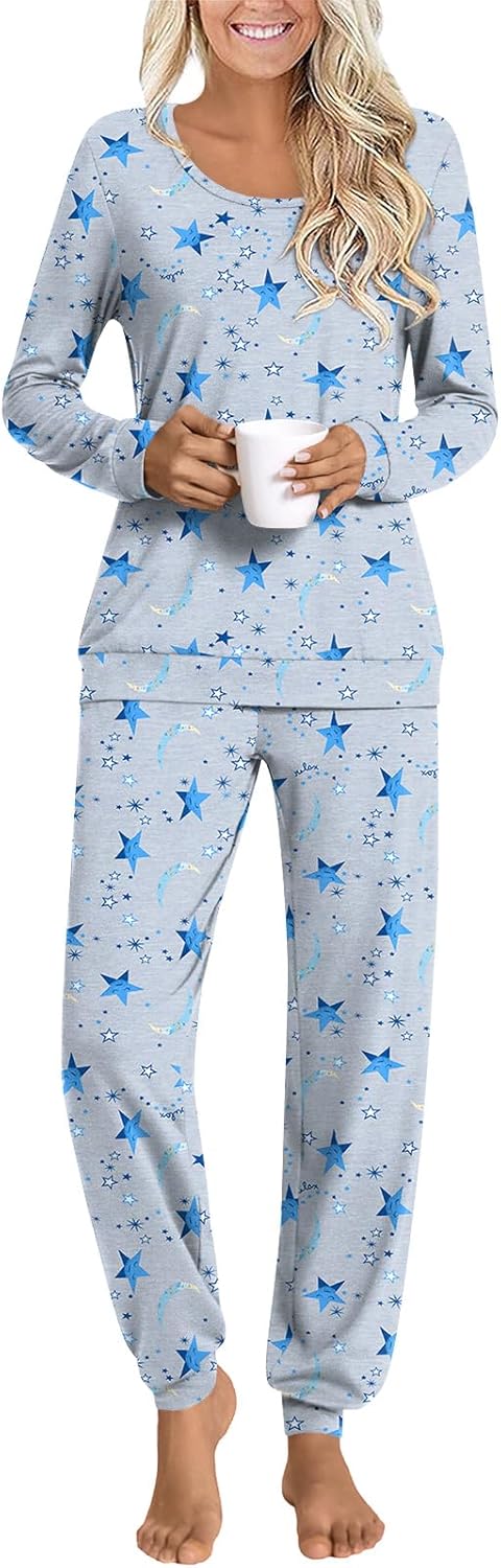 HOTGIFT Womens Pajamas Sets, 2 Piece Lounge Pjs Set Long Sleeve Long Pant Ladies Sleepwear with Pockets Soft