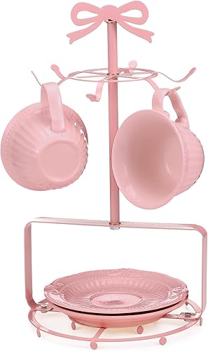 LemonRoad Soporte de exhibición de taza de té y platillo con lazo rosa, taza de té de metal vintage coqueta, decoración de mesa de escritorio, lindo