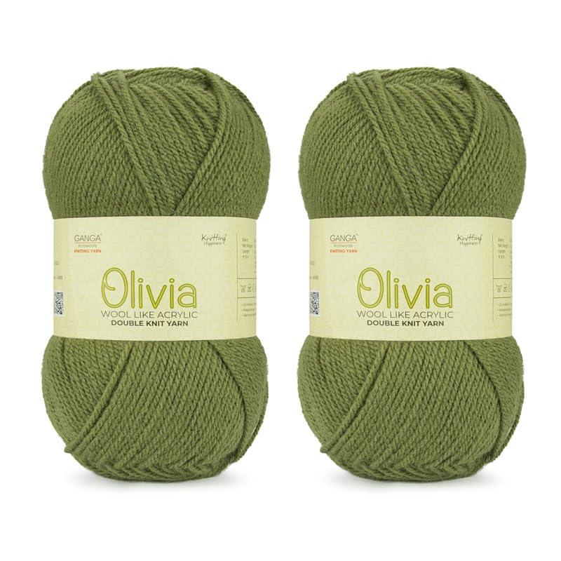Image of Ganga Acrowools Acrylic Olivia, Double Knit Yarn. Hand Knitting and Crochet Yarn. Oekotex Class 1 Certified. Pack of 2 Balls - 100Gms Each.Shade No -OLV0043 Turtle Green