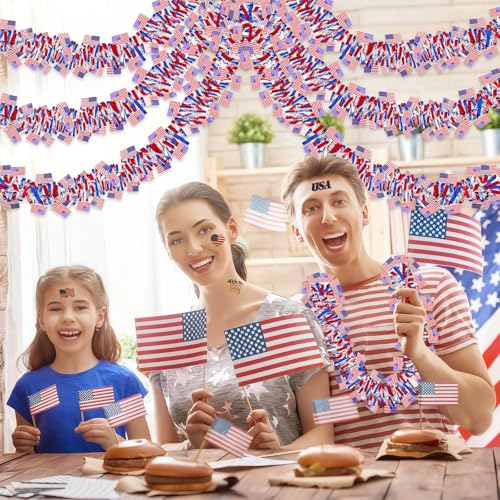 Image of 50FT 4th of July Patriotic Tinsel Garland Decorations, Red White and Blue Tinsel with Flag Metallic Glitter Hanging Garland for Memorial Day 4th of July Independence Day Indoor Outdoor Decor