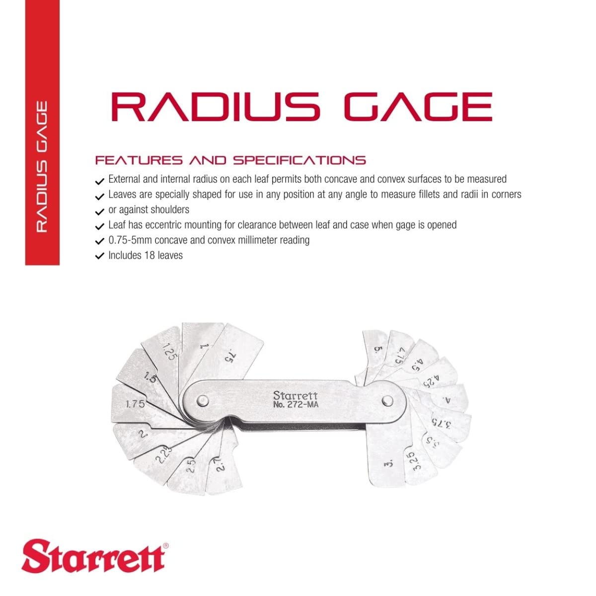 Starrett 272MA - Galga (18 hojas, margen de medidas de 0,75-5 mm, diferencia de 0,25 mm)