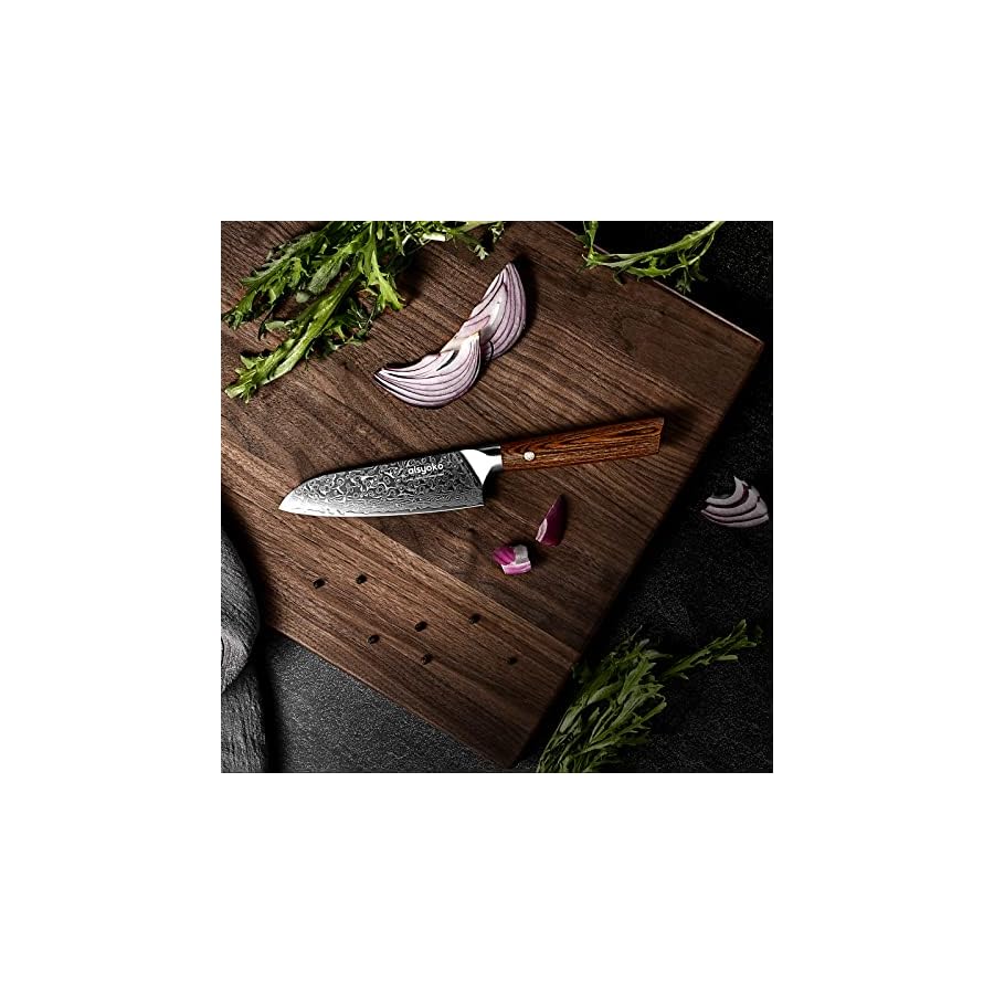aisyoko Santoku Knife 5 inches-Japan VG-10 Super Steel 67 Layer Damascus Steel-Sharp Kitchen Knife-Luxury Gift Box with Colored Wooden Handle-With Scabbard