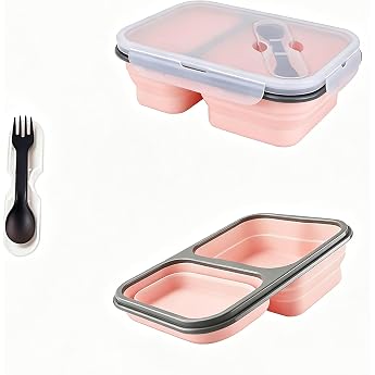 Foldable Silicone Lunch Box with Compartments Pink
