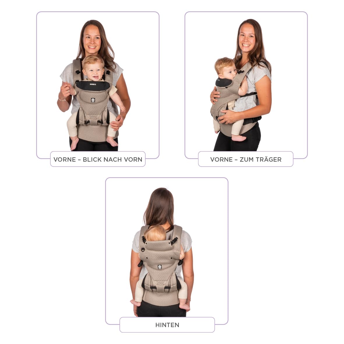 Dooky Carrier Urban Comfort, Babytrage Neugeborene ab Geburt, Ergonomische Babytrage 0-3 Jahre, 3.5-15 kg, M-Position, 3 Tragepositionen, Verstellbar, Atmungsaktiv, Baby Carrier, Beige Desert