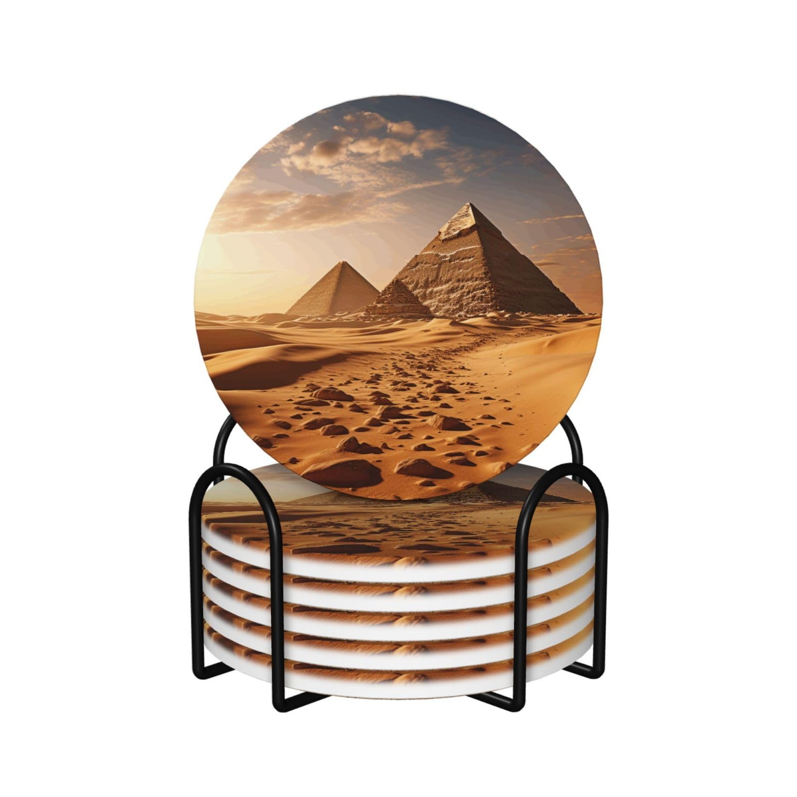 6Pcs Ceramics Coaster for Drinks, Pyramid Africa Desert Cup Coasters with Holder, Aesthetic Drink Coasters for Coffee Table, Absorbent Round Coaster for Tabletop Protection 4" Cup Mat Pad