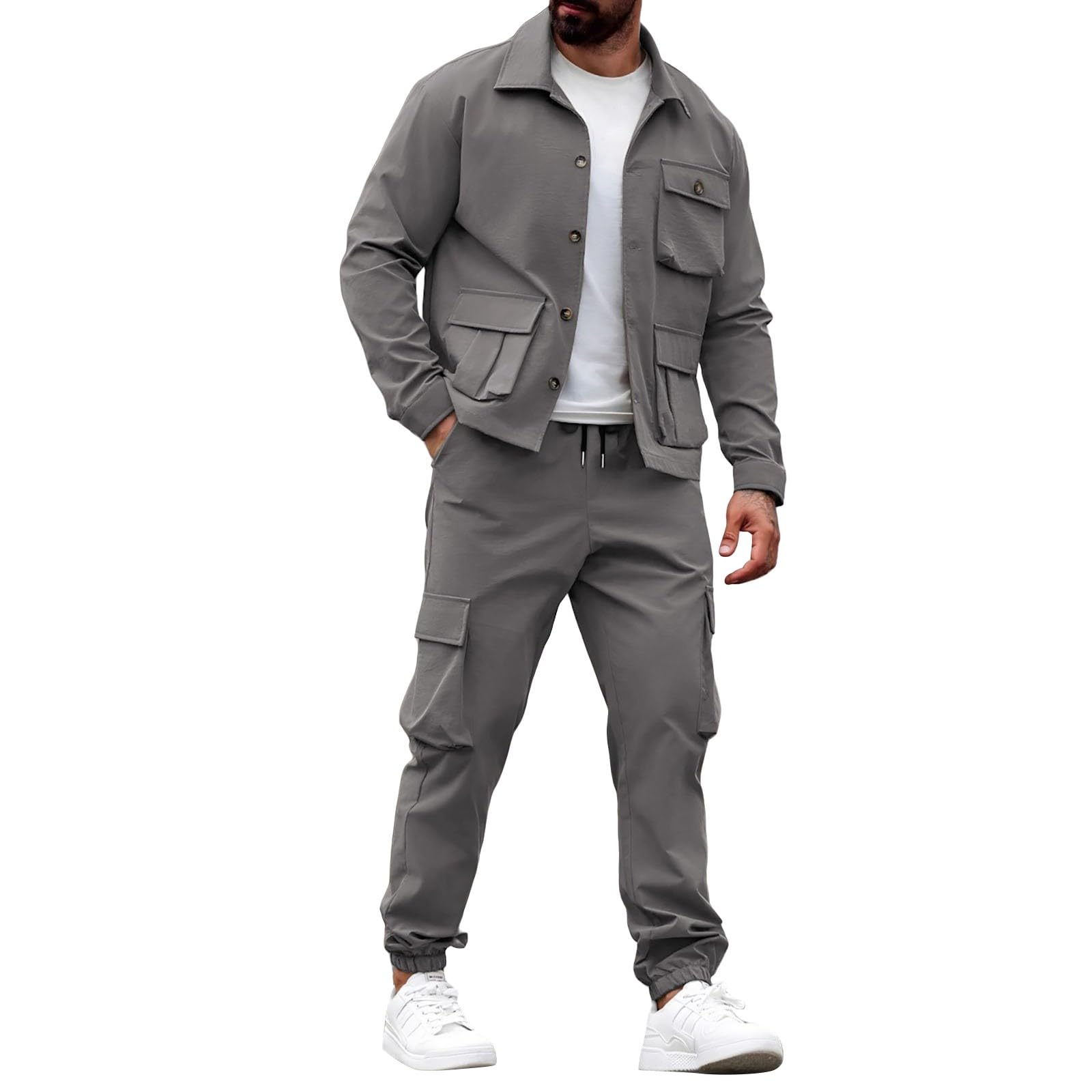 Conjunto completo de chándal para hombre, 2 piezas, chaqueta tipo cargo y | Conjuntos de entrenamiento elásticos, pantalones de escalada y camisetas de entrenamiento, con múltiples bolsillos