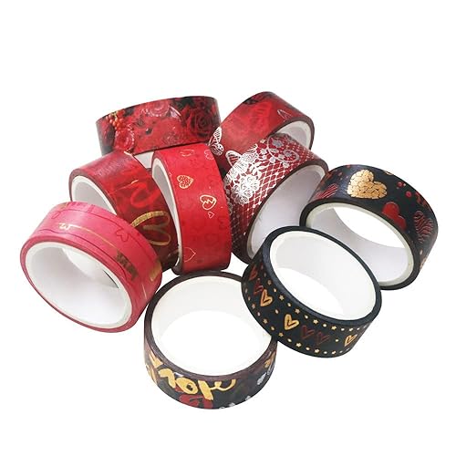 Miniatura 4 de Washi - Juego de 9 rollos de cinta decorativa roja de papel de aluminio dorado con patrón de corazón de amor calcomanía de papel decorativa para el