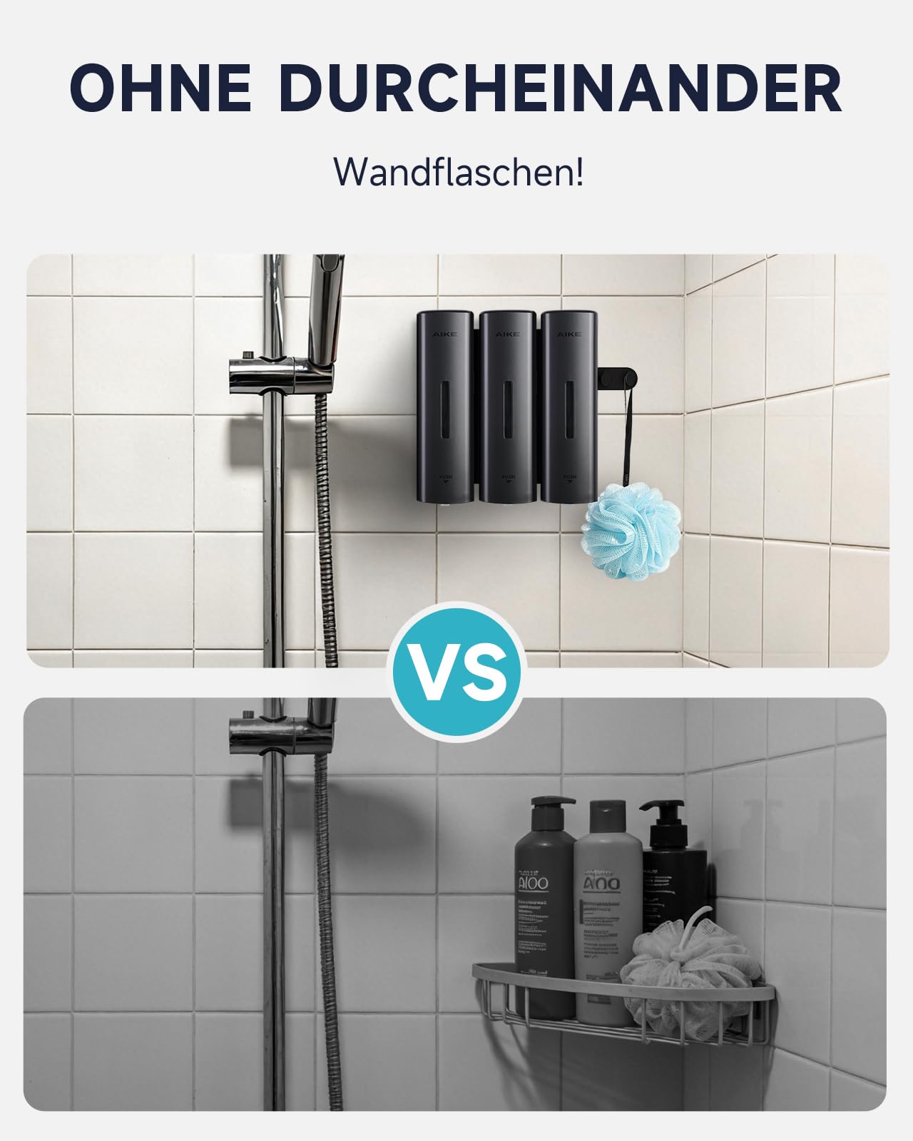 AIKE EasyPush Duschspender, Bohrfreie Wandmontage Für Shampoo & Spülung, Spart Platz, Dreifach