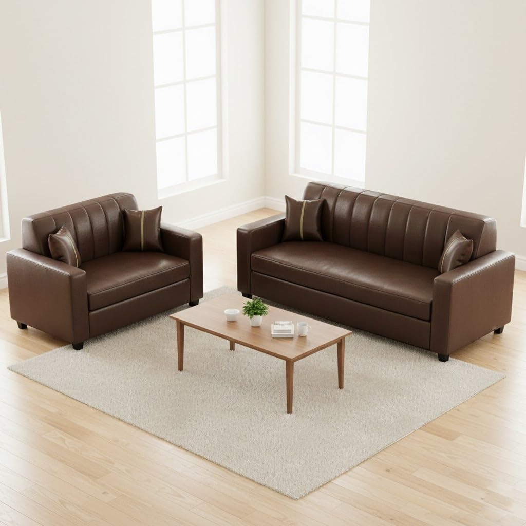 FURNY Cosmos 5 Seater Leatherette 3+2 Sofa Set (Brown) Premium Finish | Durable Comfort | Ideal for Living Room