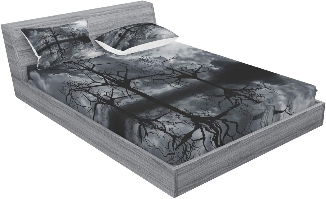 Ambesonne Landscape Fitted Sheet & Pillow Sham Set, 3D Graphic Fantasy Land at Night Cloudy Sky Moon Trees Water Reflection, Decorative Printed 3 Piece Bedding Decor Set, Full, White and Black