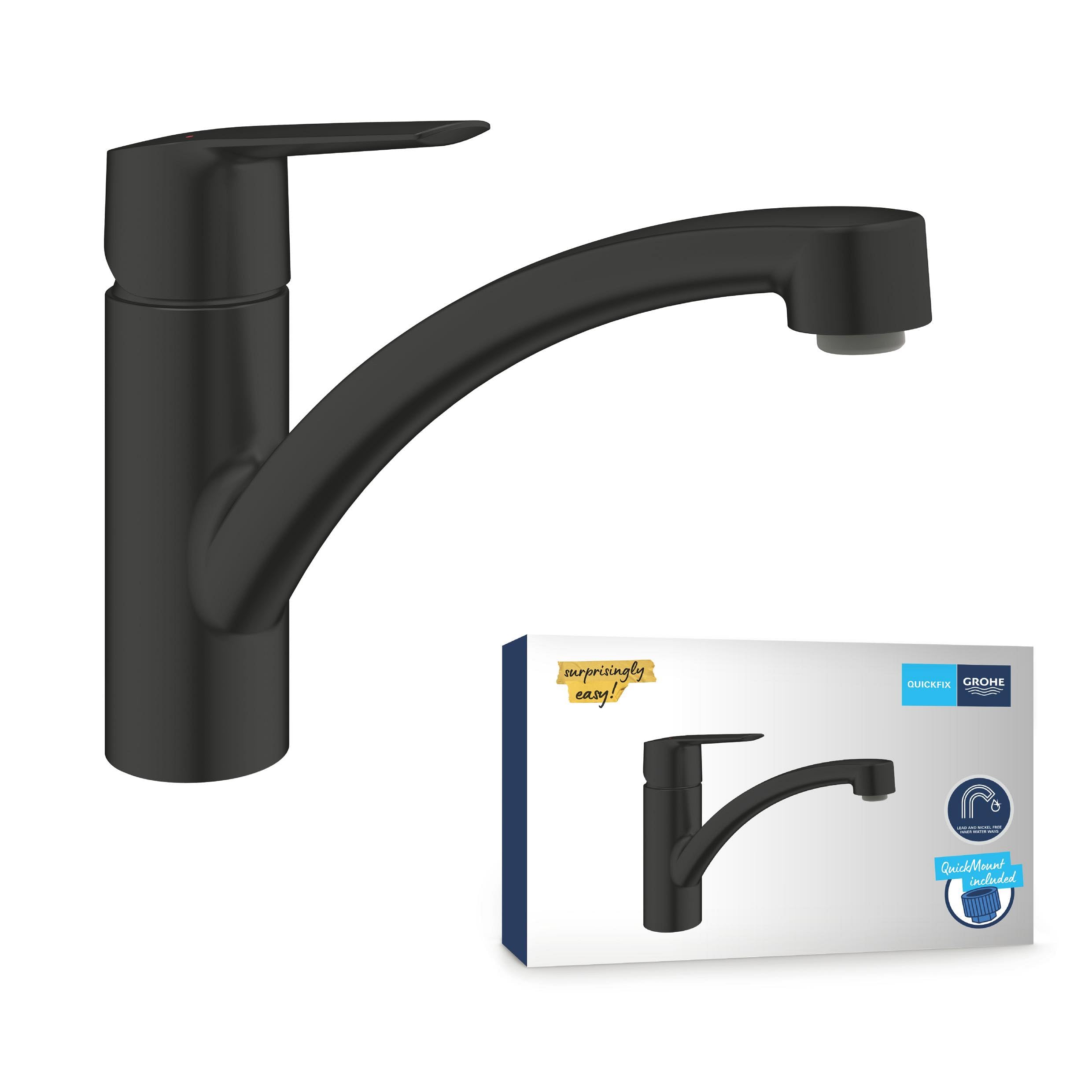 GROHE Start, Küchenarmatur mit flachem Auslauf (Wasserhahn für die Küche, 140° schwenkbar, wassersparend dank variabler Mengenbegrenzung, werkzeugfreie Spülbecken-Montage), schwarz, 324412432