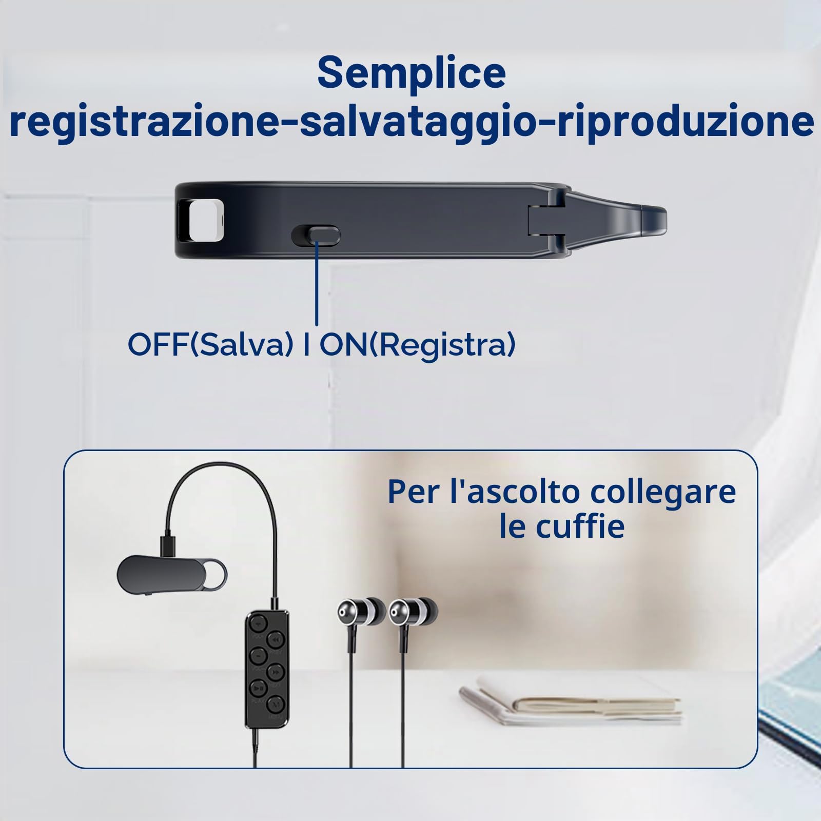 64GB Ponovo Registratore Vocale Design Portachiavi con Custodia in Metallo, Funzionamento a Un Tasto, Audio Hi‑Fi 1536 kbps e Attivazione Vocale – Ideale per Interviste e Riunioni