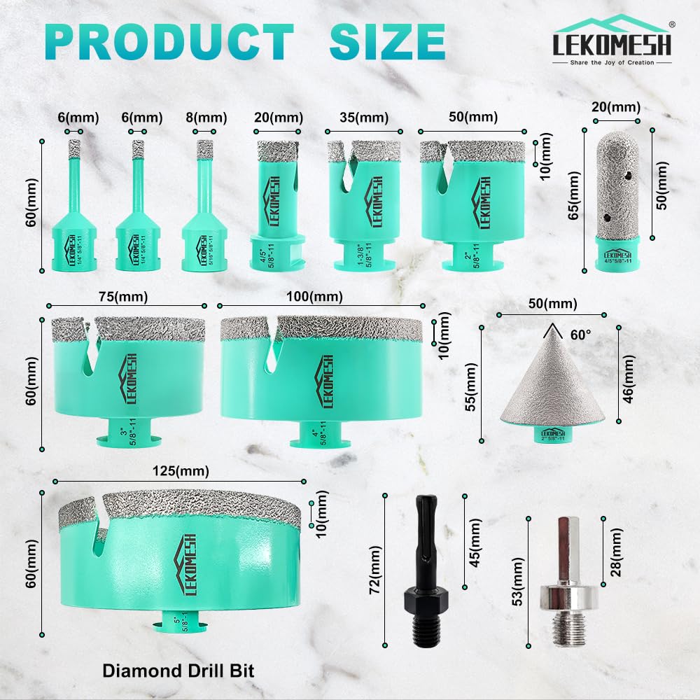Kit de sierra perforadora para azulejos de porcelana (6/6/8/20/35/50/75/100/125 mm + broca de dedo + broca de chaflán + adaptador) brocas de diamante corte de precisión para cerámica, mármol