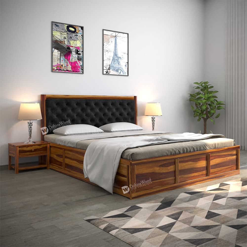 DRIFTINGWOOD Dolvi Solid Sheesham Wood King Size Bed with Storage | Wooden Double Bed Cot Bed with Box Storage & Upholstered Black Cushioned Headboard for Bedroom | HoneyFinish Mattress Thickness 8" (B0BWYSQ4QY) Amazon Price History, Amazon Price Tracker