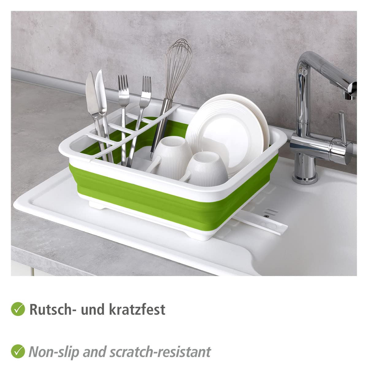WENKO Égouttoir pour Vaisselle Pliable Blanc/Vert - Support d'égouttage pour la Vaisselle et Les Couverts, Polypropylène, 36.5 x 13 x 31 cm, Blanc