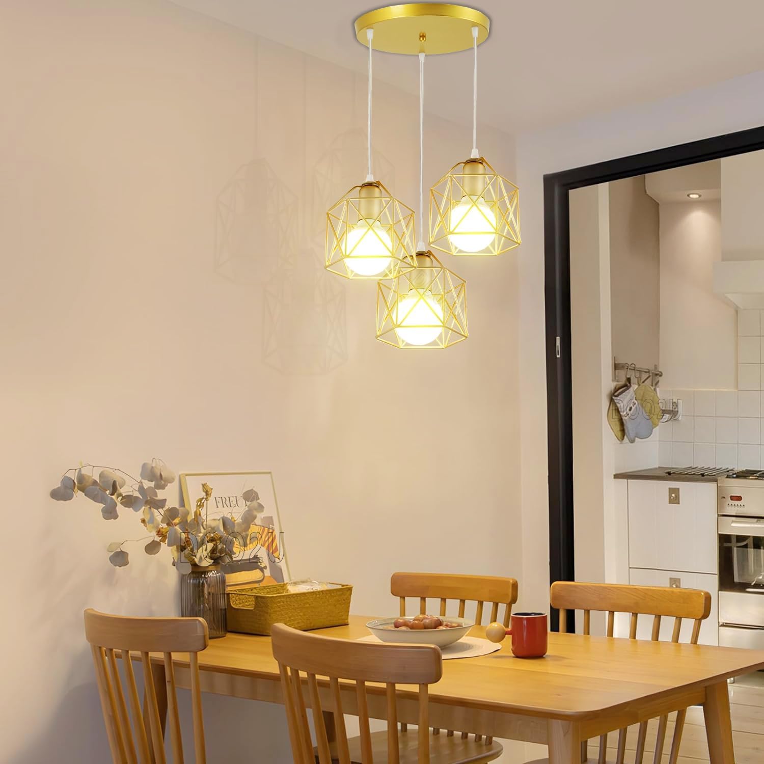 Suspension Luminaire Industrielle 3 Lampes Vintage E27 Lustre Abat-jour en Métal Design pour Salon Chambre Cuisine (Doré - avec une base)