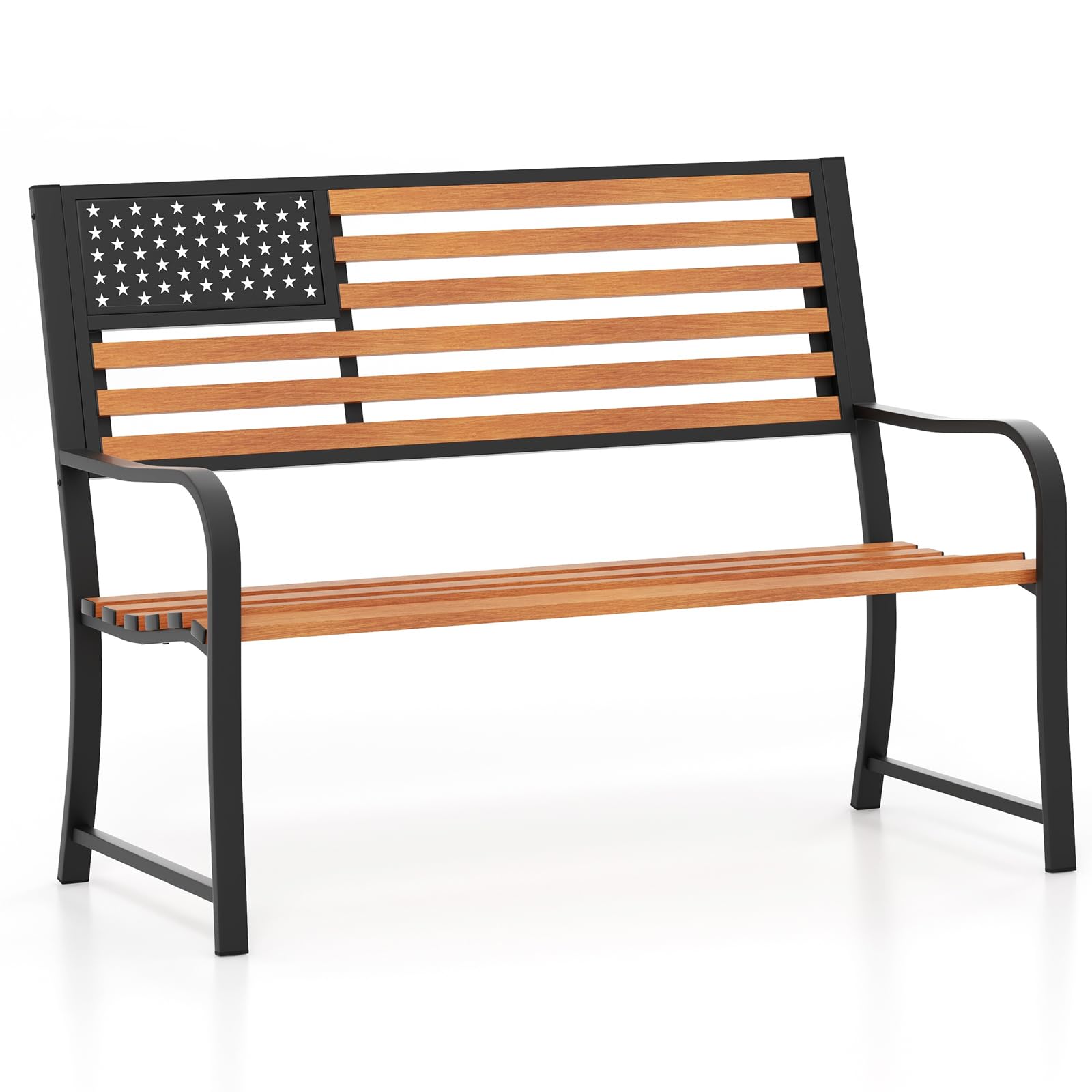Giantex Outdoor Bench, 2-Person Metal Garden Bench with American Flag Backrest, Curved Armrests & Slatted Seat, 660 Lbs Capacity, Outdoor Bench for