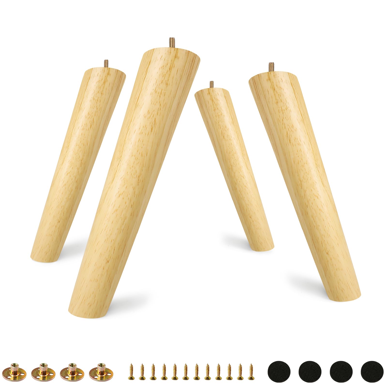 FoDau770 Rubber Wood Furniture Legs 10 Inches, Slant Tapered Wood Feet Mid Century Sofa Legs Set of 4, 5/16" UNC Furniture Feet Replacement Parts for
