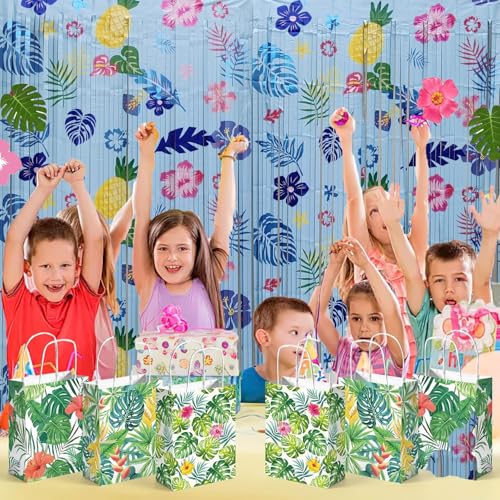 Image of Hawaiian Cartoon Birthday Party Decorations Backdrop 2 Pack Blue Hawaiian Pattern Foil Fringe Curtains Streamers Photo Booth Props for Cartoon Movie Luau Summer Birthday Party Supplies Decorations