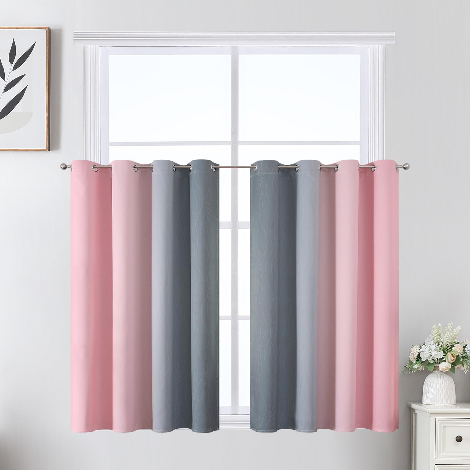 Estelar Textiler Grey and Pink Ombre Short Blackout Curtains 36 Inch Long, Thermal Insulated Grommet Small Half Window Drapes for Cafe/Basement/RV Camper/Kitchen, 52Wx36L, 2 Panels