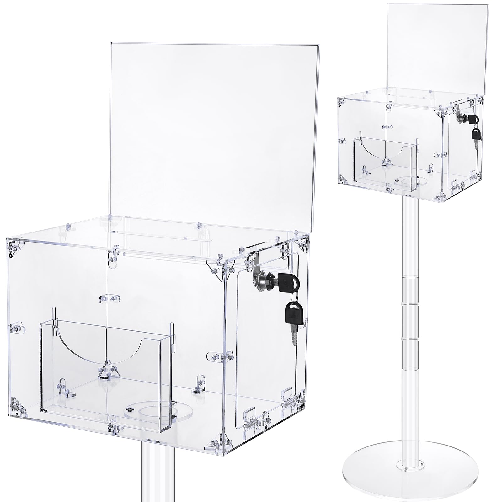 Photo 1 of Acrylic Suggestion Box with Lock and Key Floor Standing Offering Box with Slot Clear Raffle Box with Stand for Office Contest Voting Charity Donation Church Election Ballot, 11" x 8.3" x 8.3"