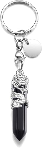 MANIFO Llavero de cristal curativo con cristales hexagonales envueltos en dragón, con cristales puntiagudos, Obsidiana negra