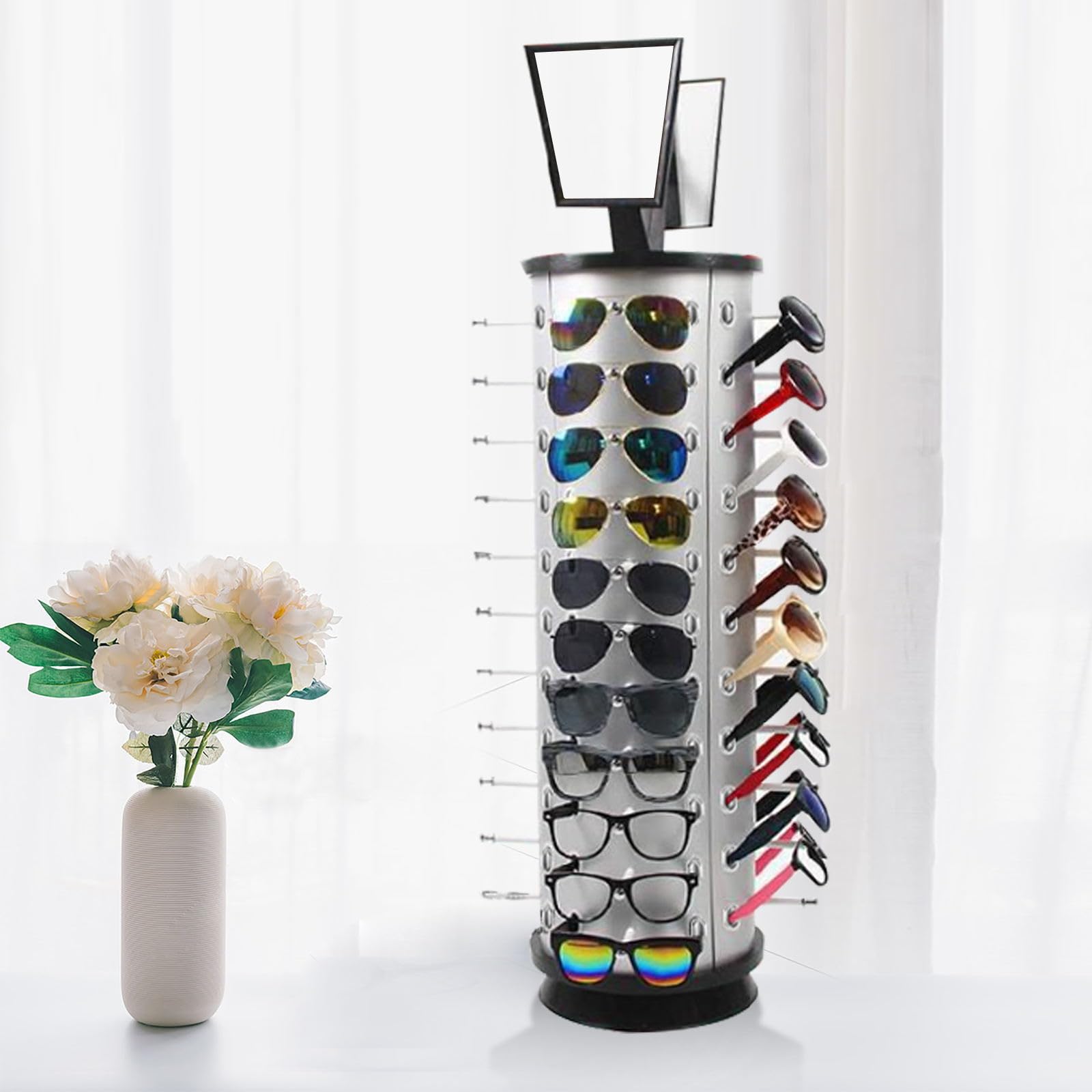 CNCEST 360° Rotating Glasses Display Stand Eyeglass Turning Commercial Display Stand for 44 Pairs of Sunglasses Holder Glasses Storage Organizer Freestanding with Mirror