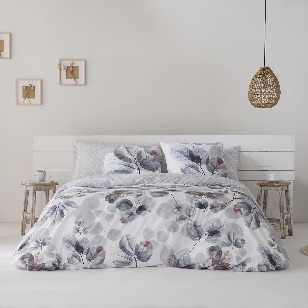 COTTON ARTean Funda Nórdica Cama 135 satén algodón 200 Hilos Lorna Gris | Incluye 2 piezas: F. Edredón 220x220 + 1 F.de Almohada Cierre Botones. Certificado OEKO-TEX