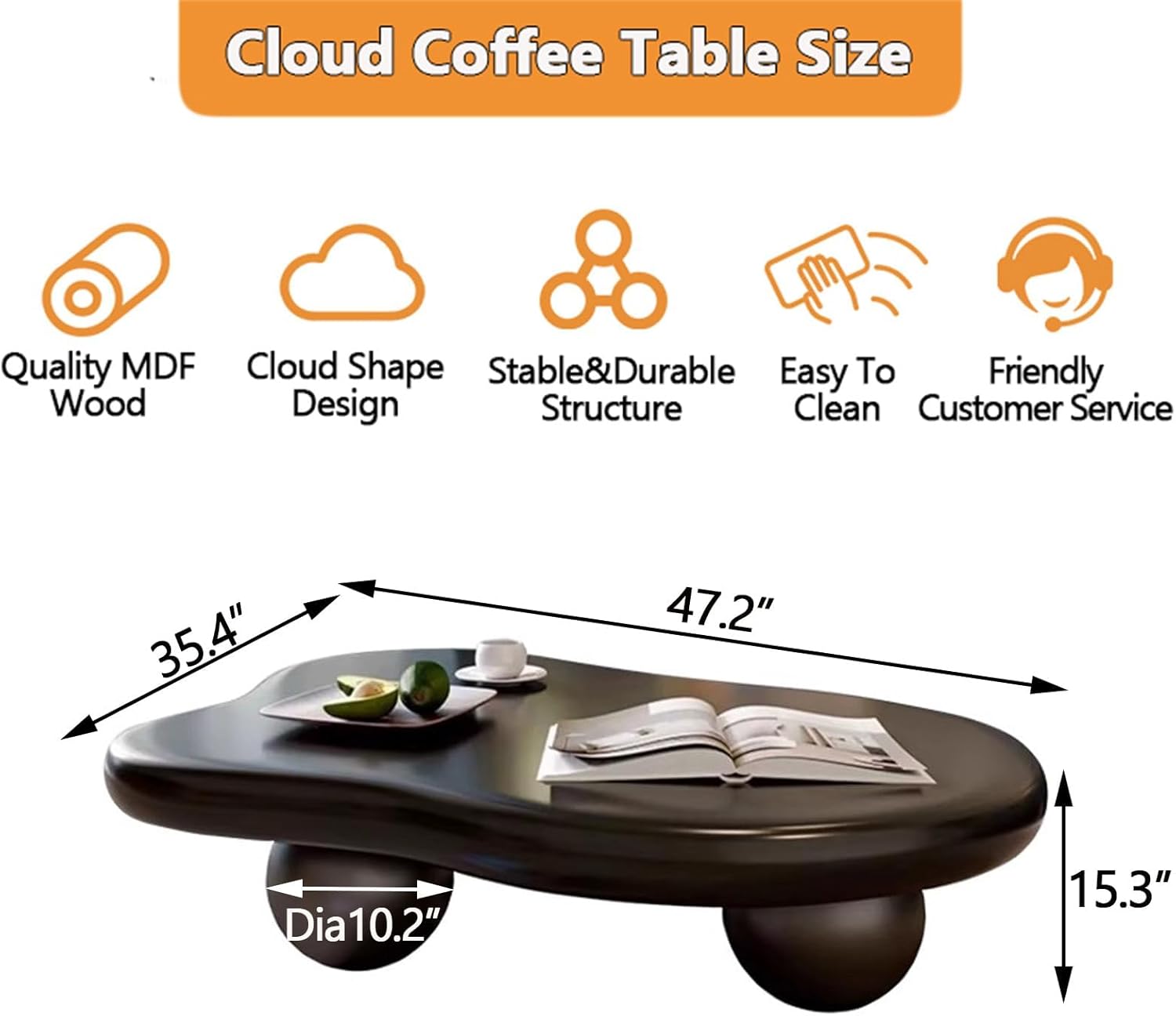Cute Cloud Coffee Table, Modern Indoor Coffee Tables for Living Room, Easy Assembly, Round Edge Irregular Tea Table End Table, Funky Contemporary Low Coffee Table for Bedroom,Black Cloud,L47