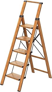 5 Step Ladder,Folding Step Stool W/Portable Handle for Home,Office,Kitchen, Garden Aluminum Lightweight Step Stool with Anti-Slip Sturdy Pedal Ladders, Woodgrain, 330 lbs Capacity