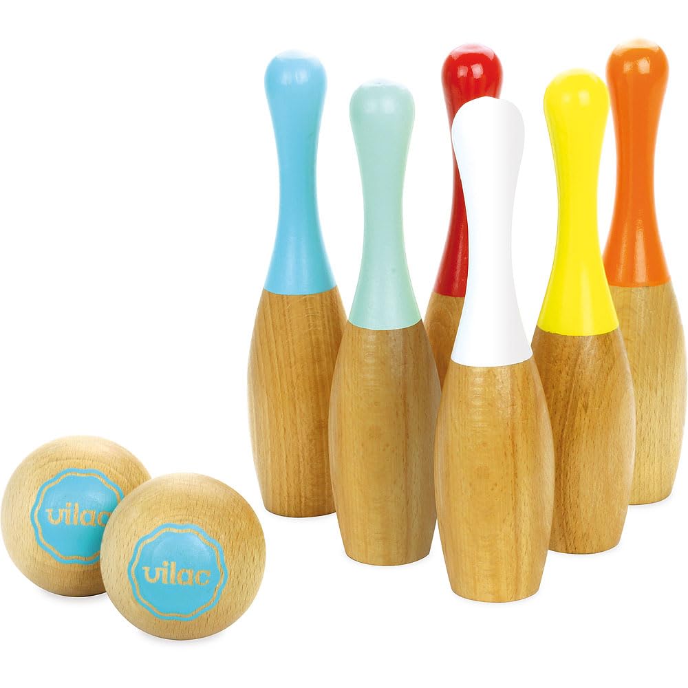 Vilac - 6 Quilles de Bowling - Bicolores - Jeu de Plein Air - Jeu d'Adresse et de Précision en Bois - Jeu d'Ambiance - 2 Boules - Sac de Rangement en Coton