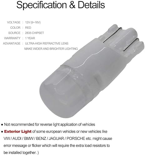 Miniatura 4 de DODOFUN T10 Cerámica Interior Exterior Brillante Luz LED 168 175 194 2825 W5W Tamaño Bombilla Color Rojo (Paquete de 10)