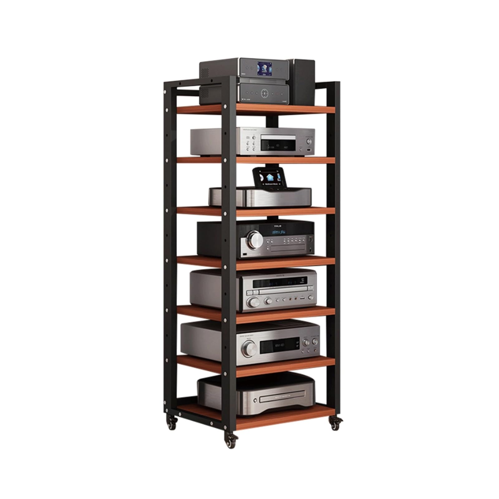 Stand Av Media Stand Regolabile Scaffali di Stoccaggio Media con Ruote Giradischi mobile DVD CD Audio Rack Torre Videogiochi Console Mensola per Casa Ufficio Soggiorno, Rot-7 Tier