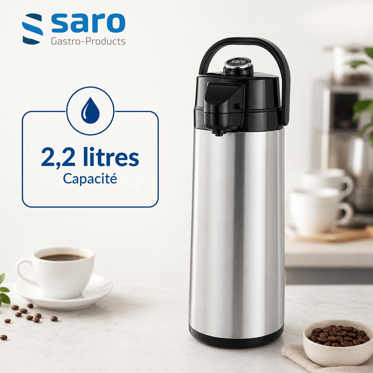 Saro - Thermos à Pompe pour Restauration et Buffet, 2,2 l, pour Boissons Chaudes et Froides, avec Poignée, Intérieur et Extérieur en Acier Inoxydable