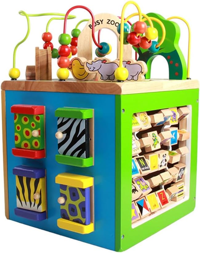 Montessori Wooden Activity Cube, 4-Sided Bead Maze & Animal Matching Blocks