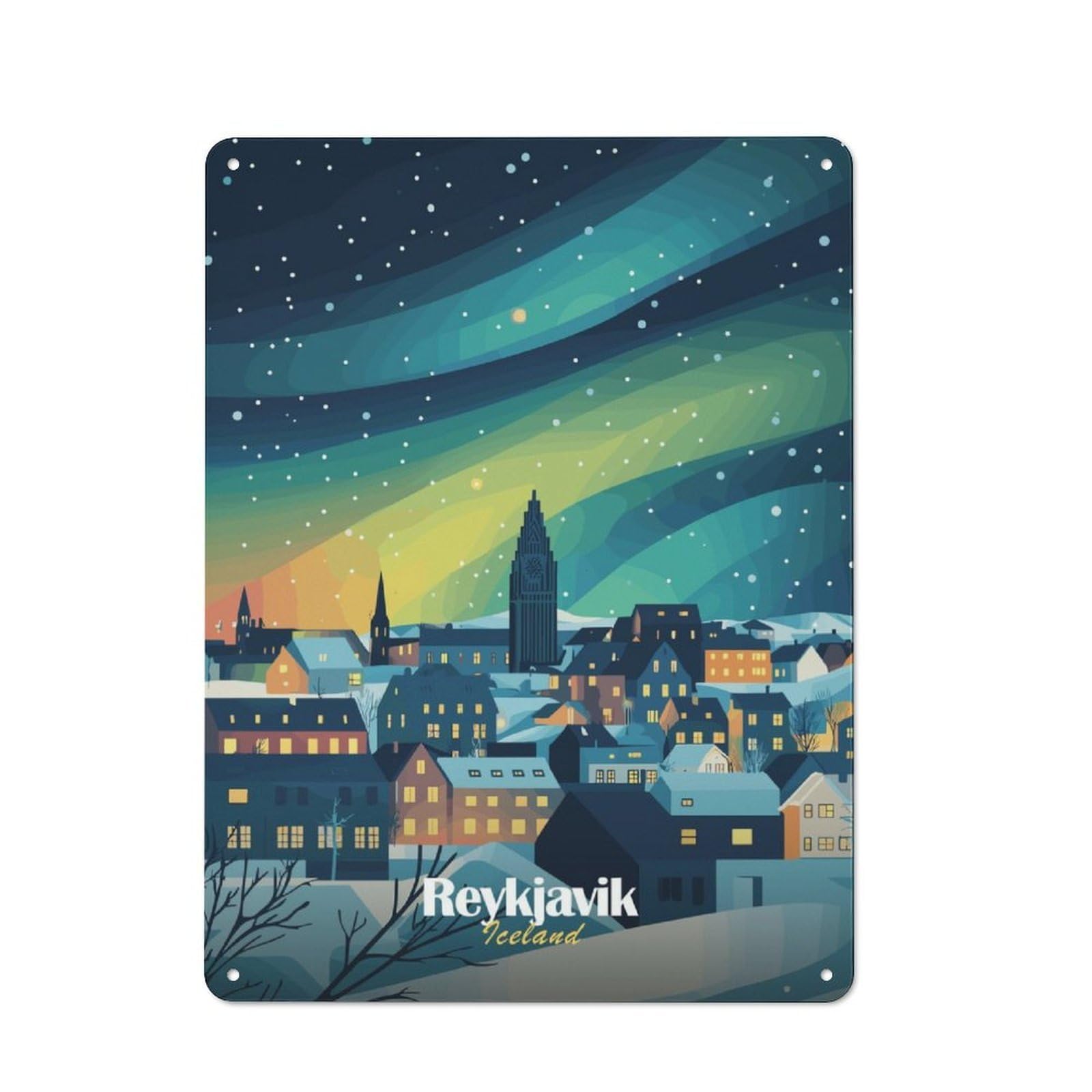Junmoney Reykjavik Northern Lights Vintage Tin Sign 40X30cm For Guest Room Or Hallway, Suited To Home Decor Collectors
