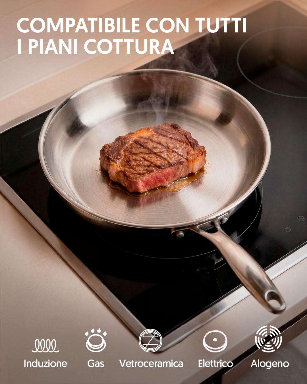 La Moustache - Set Pentole e Padelle 8 Pezzi in Acciaio Inox Senza Rivestimento, 3 Pentole con Coperchio in Vetro e 2 Padelle, per Induzione, Lavabile in Lavastoviglie, Ø16/20/24 cm (Titan Inox)