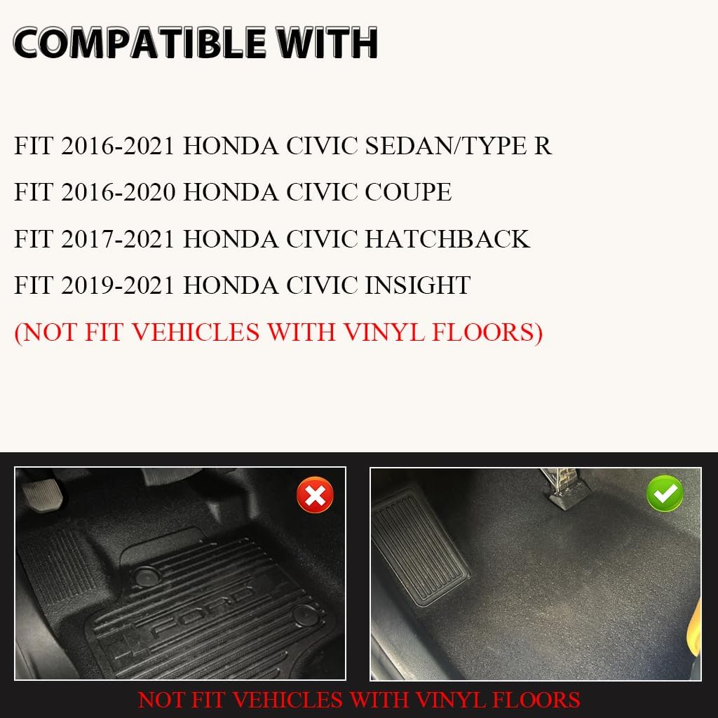 PIT66 Floor Mats Cargo Liners Compatible with Honda Civic Sedan 4-Door/Hatchback/Coupe 2Door (Heavy Duty) 2016-2021 3-Piece All Weather Automative TPE Liners