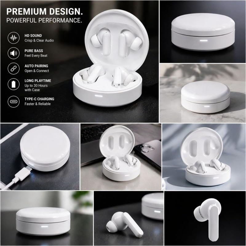 Image of Truly Wireless Earbuds with ANC for Oppo Reno12 Pro, 13, 13 Pro, 14, Pro, Pro, Pro, 6 5G Earphones Earbuds Bluetoot Headphones Cinematic Audio-B-White