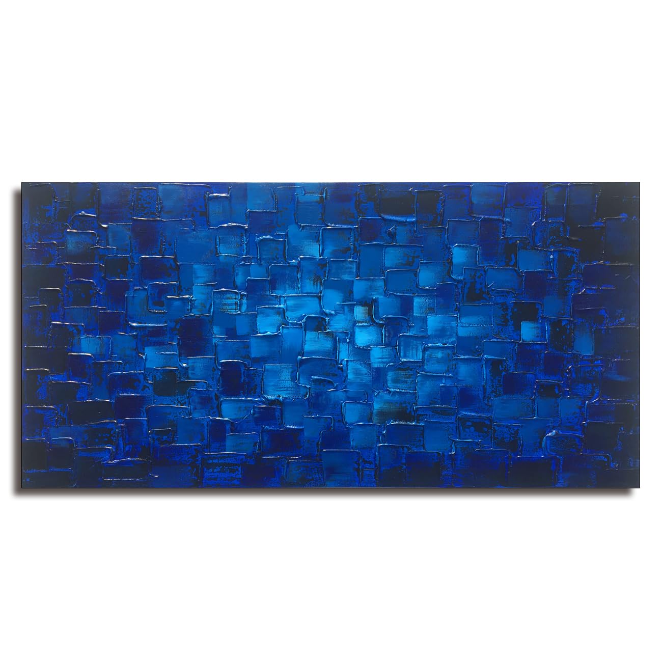 MyArton Textured Abstract Squares Canvas Wall Art Hand Painted Modern Dark Blue Oil Painting Picture for Home Decoration Ready to Hang 40x20inch