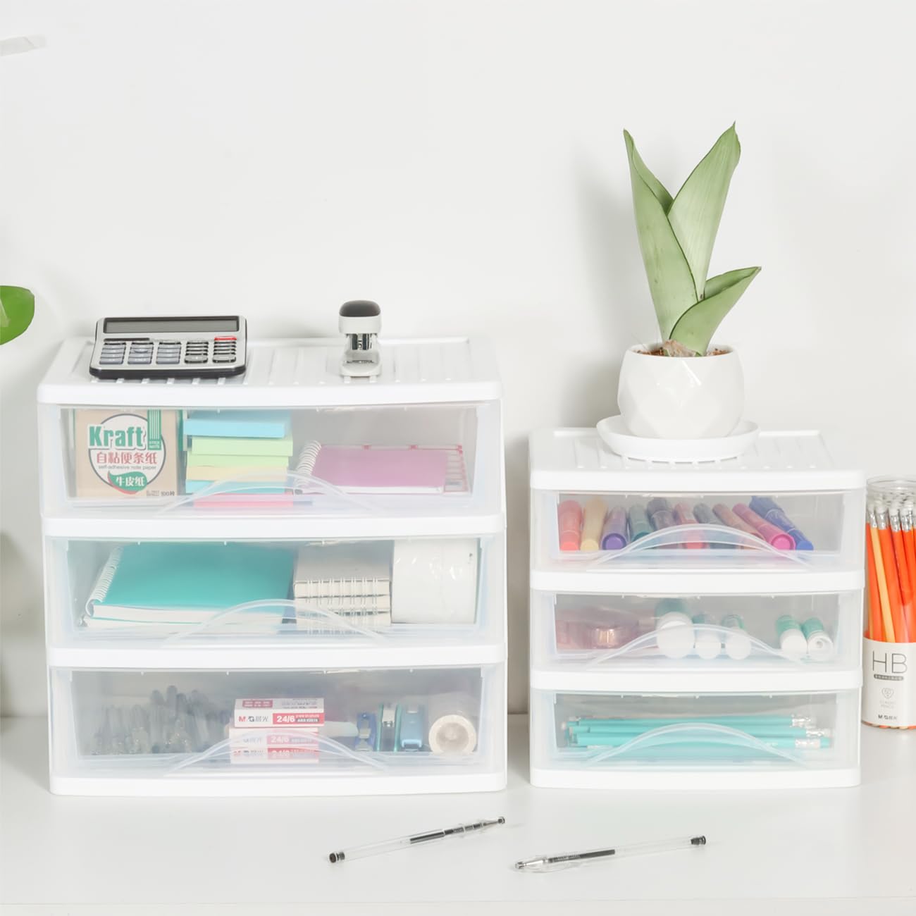 BYCY Plastic Stackable Storage 3 Drawers, White Bathroom Makeup Organizer with Wide Clear Drawers Tabletop Drawer Organizer for Desk,Countertop at Home, Office, School